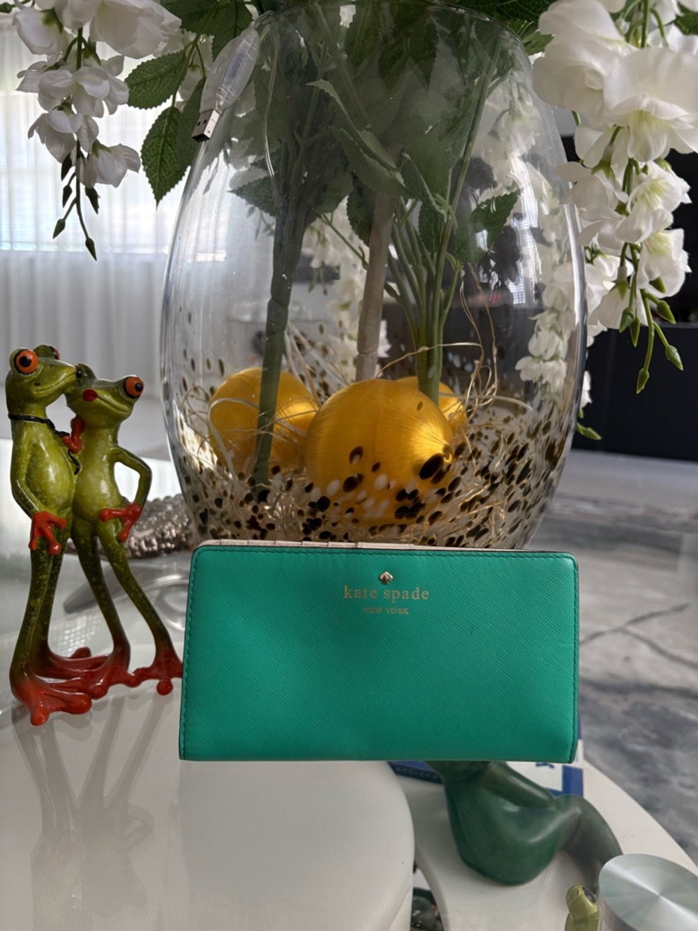 kate spade Teal Saffiano Zip Wallet with Gold Logo